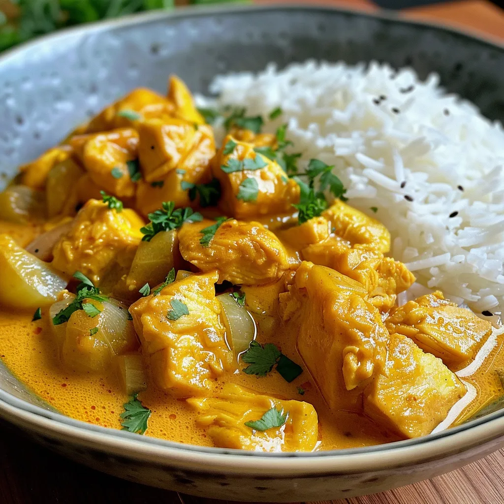 Vista lateral de un curry de pollo suave, con ingredientes frescos visibles.