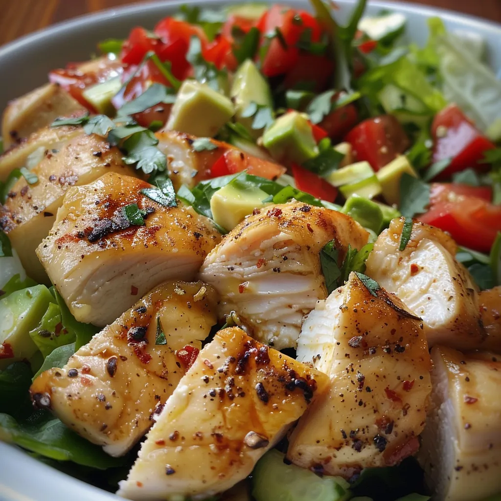 Ensalada de Pollo sobre un plato blanco, mostrando trozos de pollo, lechuga y zanahoria.