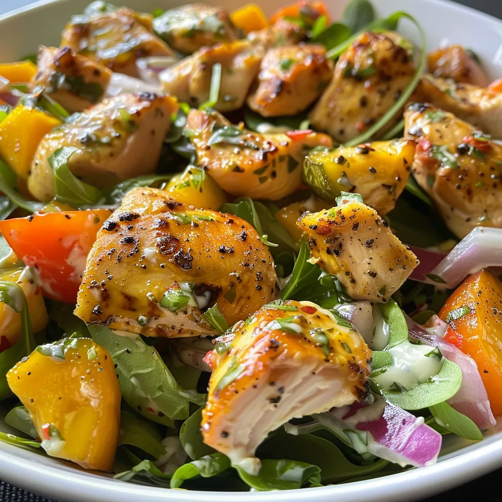 Close up de una ensalada de pollo fresca con ingredientes coloridos en un fondo neutro.