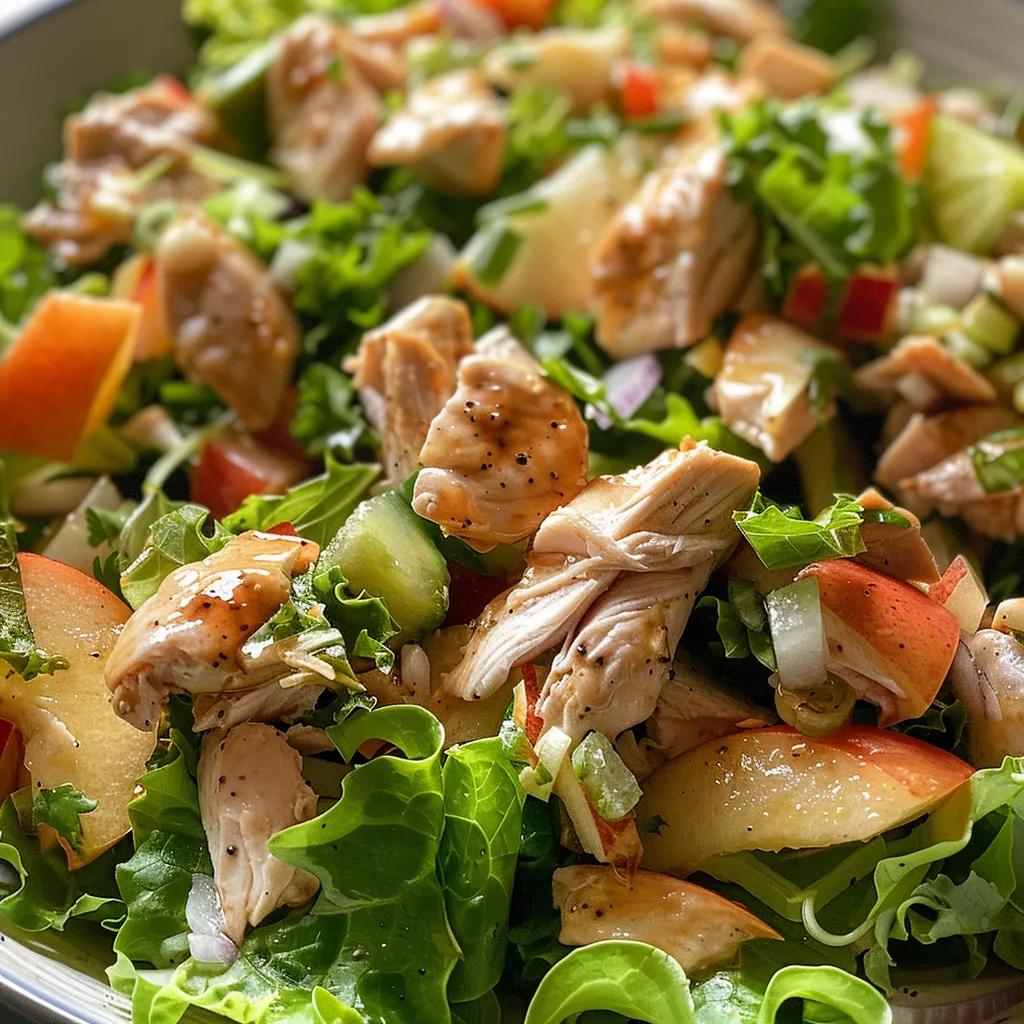 Ensalada de pollo con manzana en un plato, destacando los ingredientes frescos.