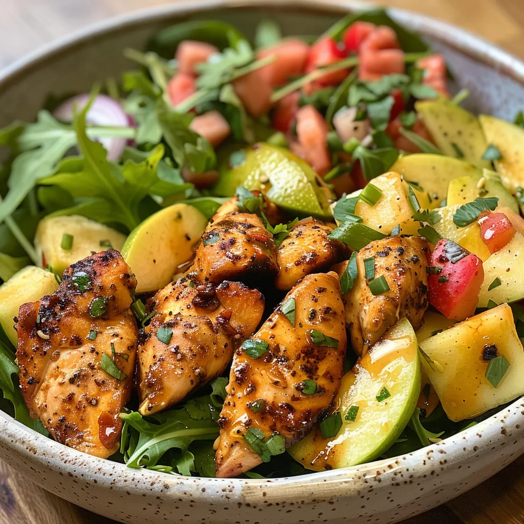 Primer plano de una ensalada de pollo con trozos de manzana y lechuga.