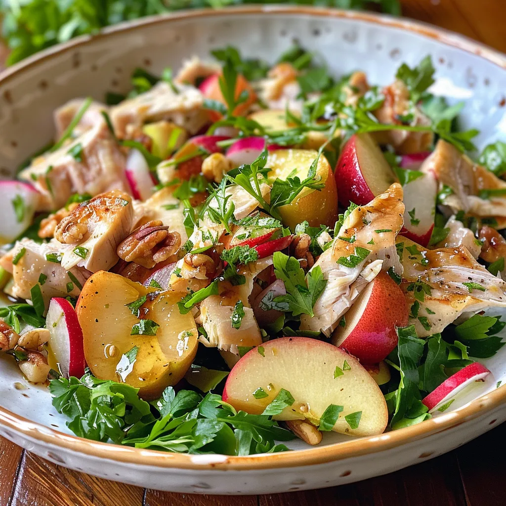 Ensalada de pollo y manzana en un plato, vista lateral con ingredientes frescos.