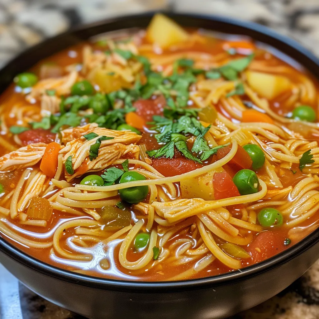 Close-up of a delicious Chicken Fideo dish with vibrant vegetables and tender chicken pieces.