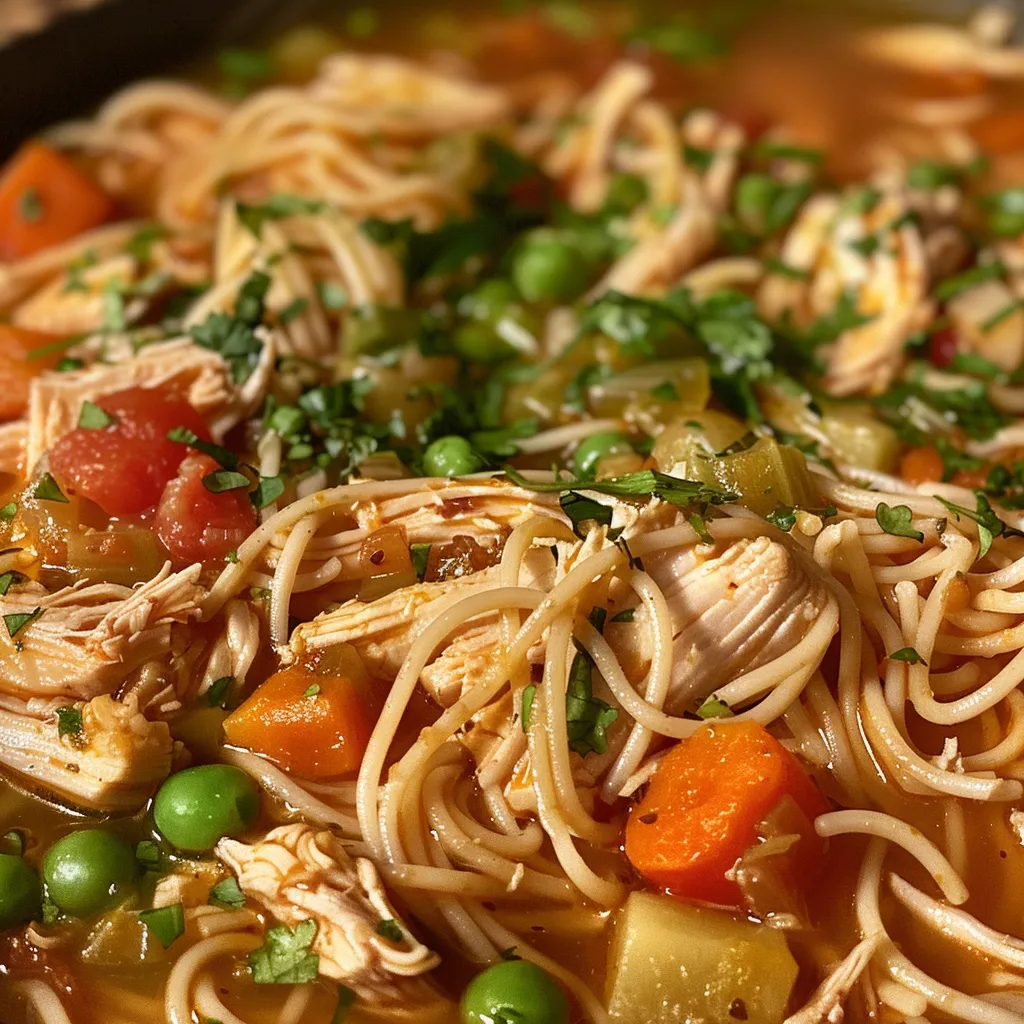 Side view of a hearty Chicken Fideo plate, showcasing fideo pasta, chicken, and fresh vegetables.