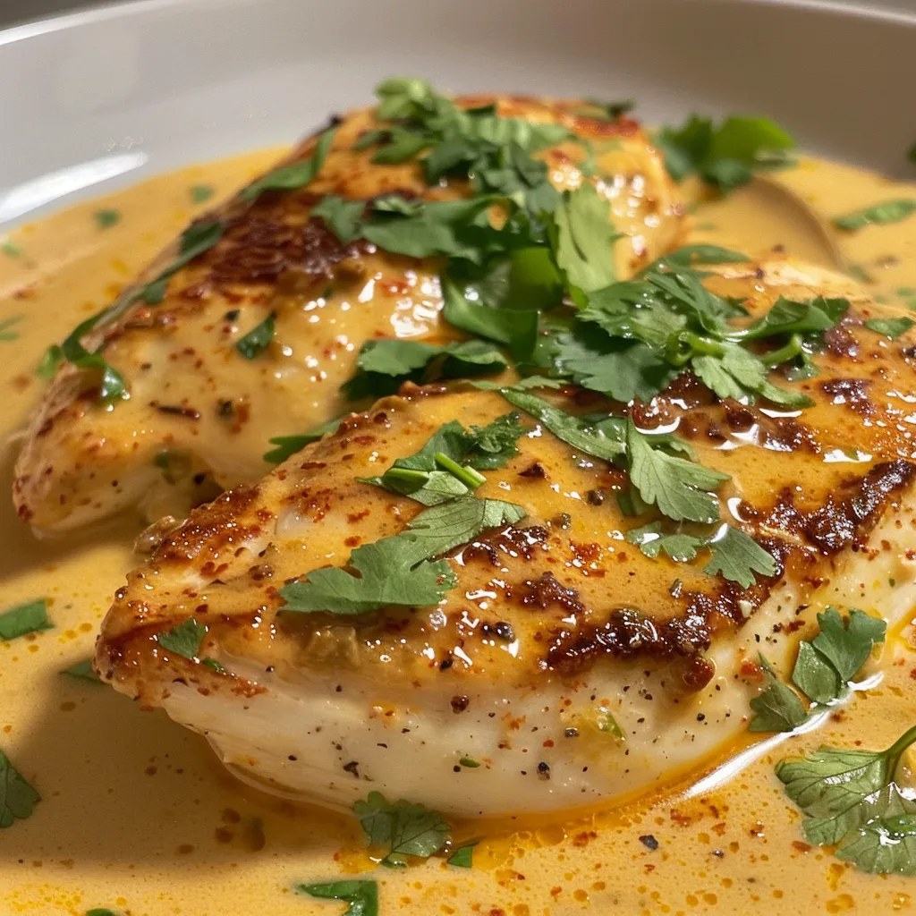 Filete de pollo en salsa cremosa de ajo y parmesano en un plato.