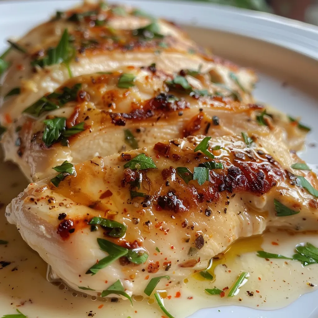 Primer plano de filetes de pollo cubiertos con salsa cremosa.