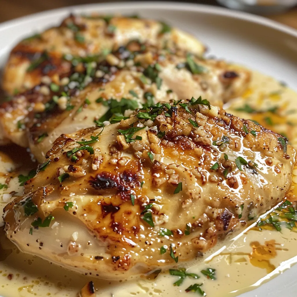 Un filete de pollo bañado en salsa de ajo y parmesano, servido con papas fritas.