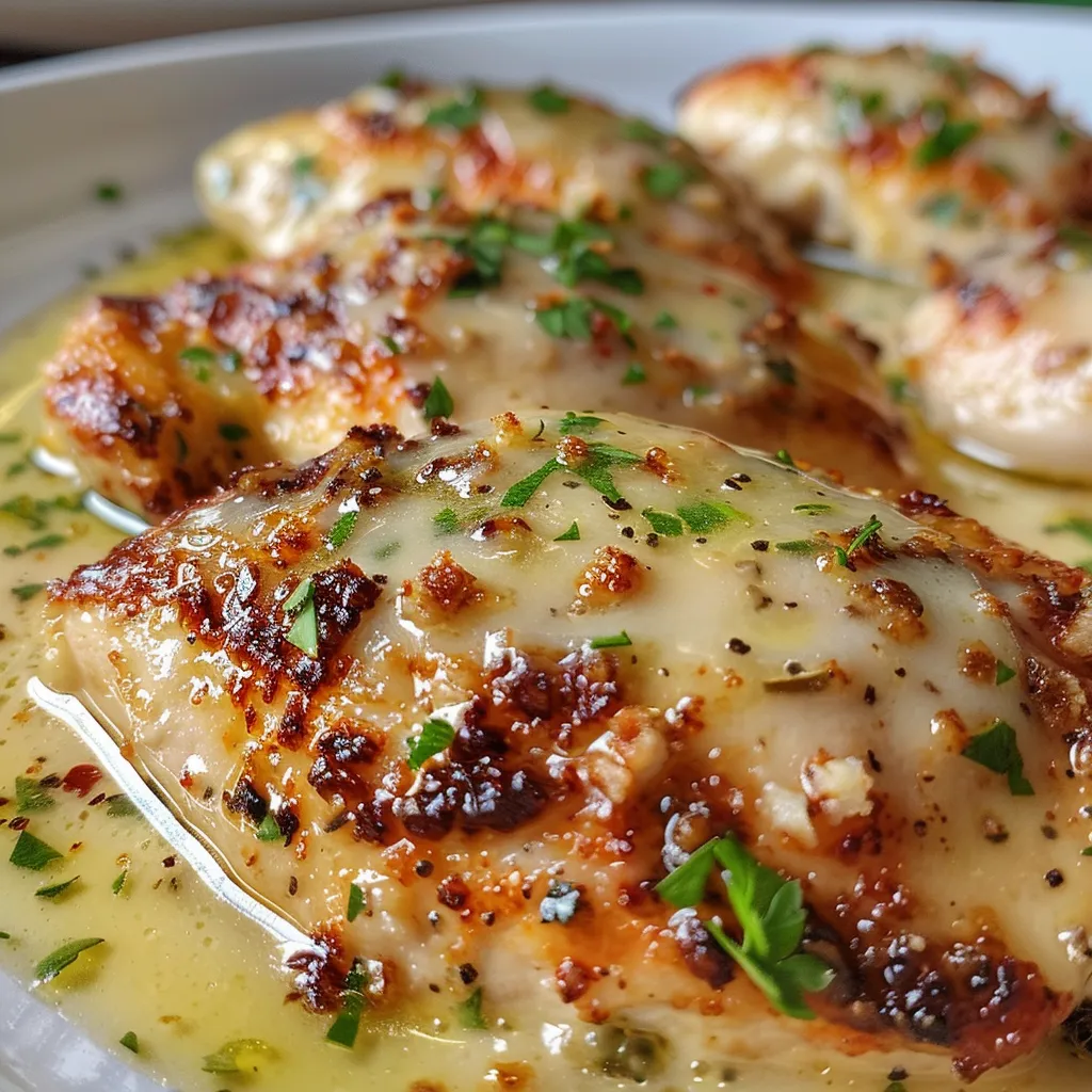 Close-up de un filete de pollo con salsa cremosa de ajo y queso parmesano.