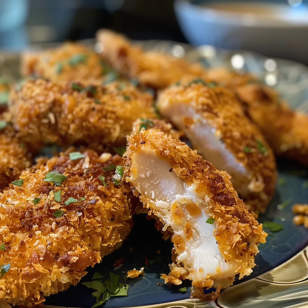 Primer plano de Fingers de pollo crujientes, dorados y jugosos.