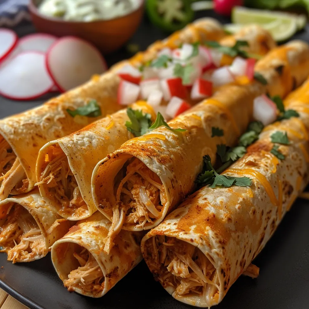 Flautas de Pollo crujientes y doradas con pollo desmenuzado y guarniciones frescas.