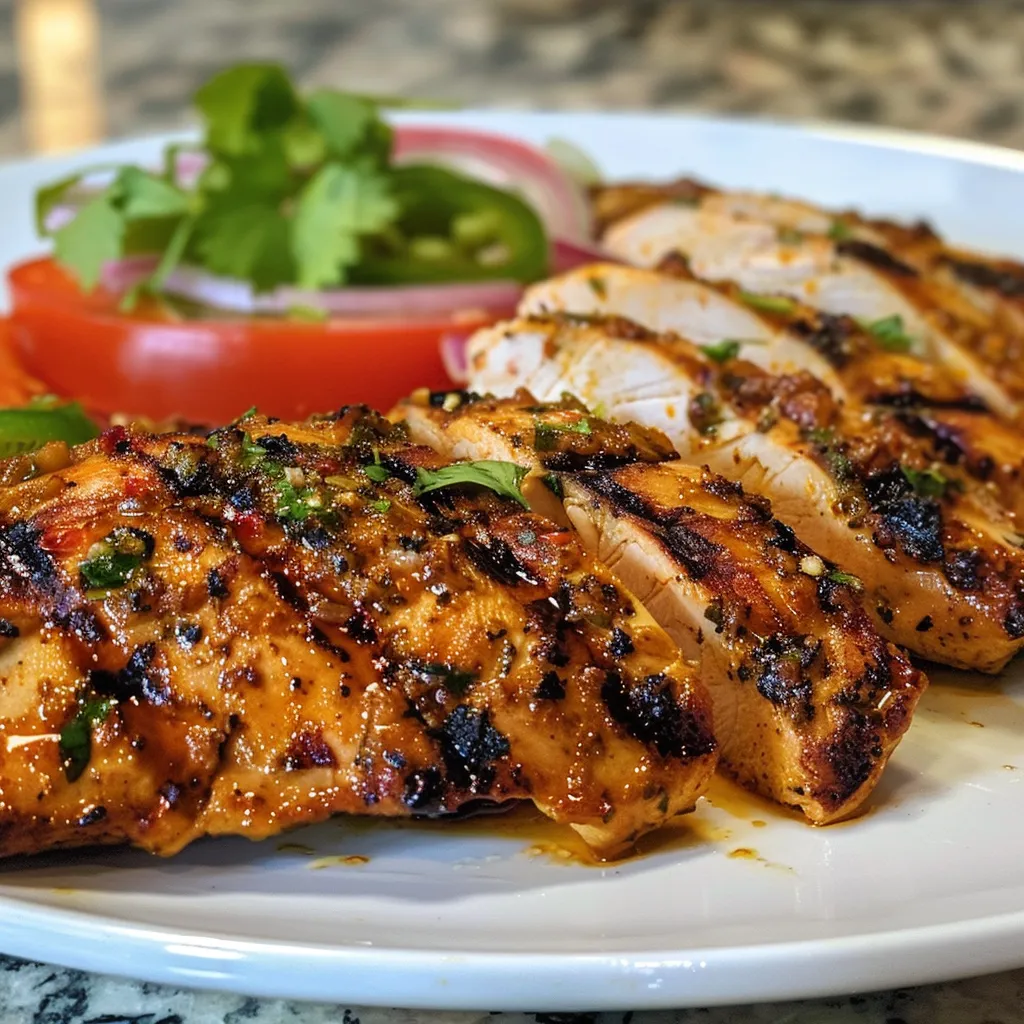 Slices de pollo marinado en una sartén, mostrando su textura apetecible.