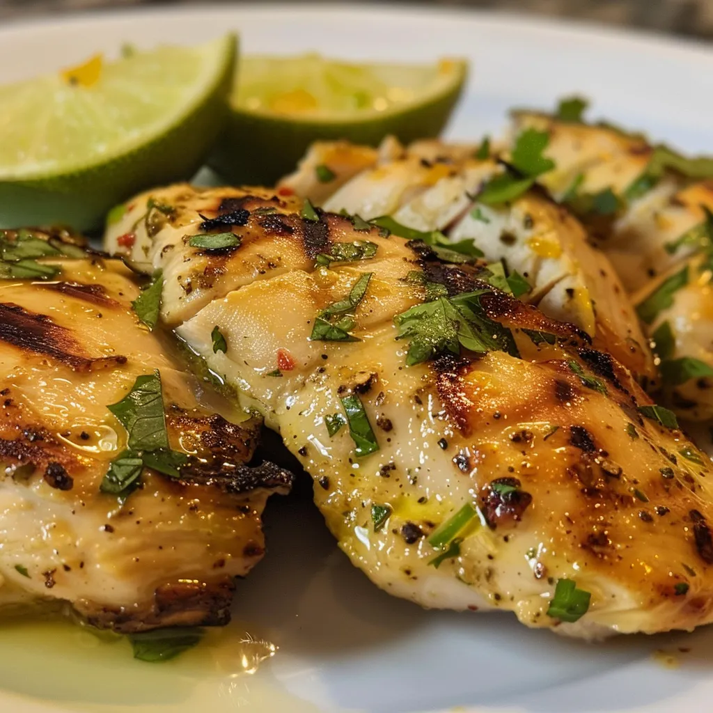 Pechugas de pollo a la parrilla doradas y jugosas, vistas de lado.