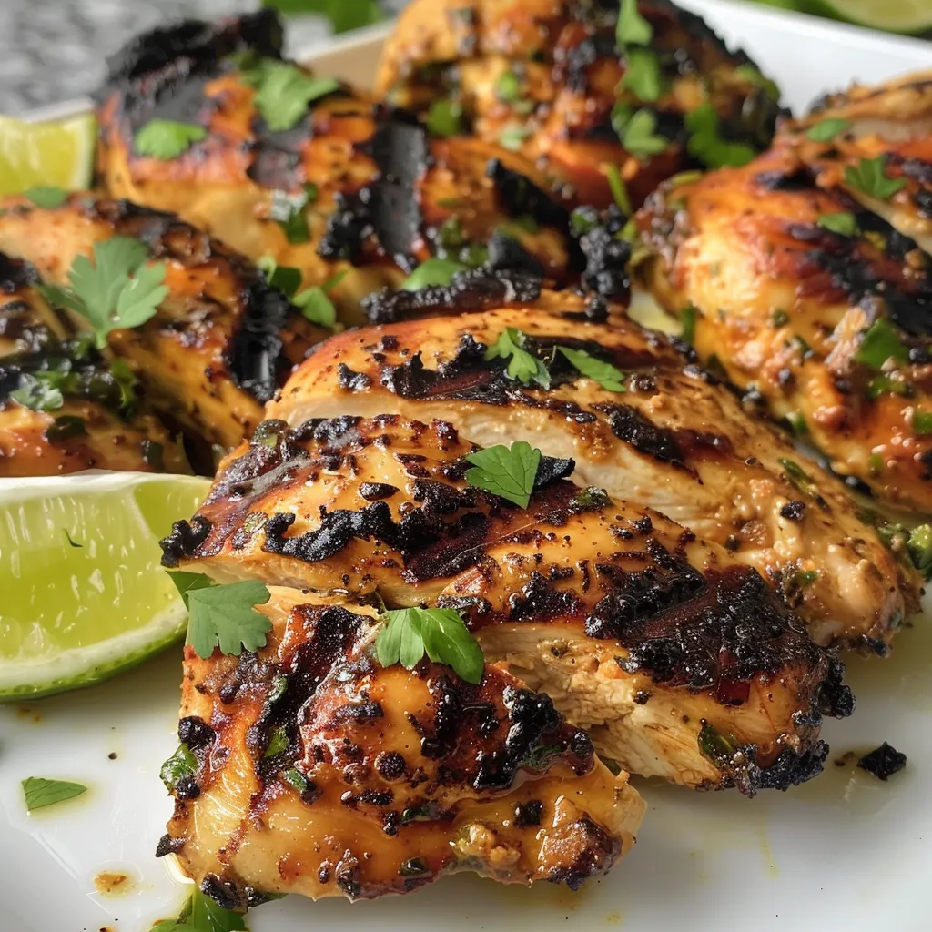 Primer plano de pollo a la parrilla, con una textura crujiente y jugosa.