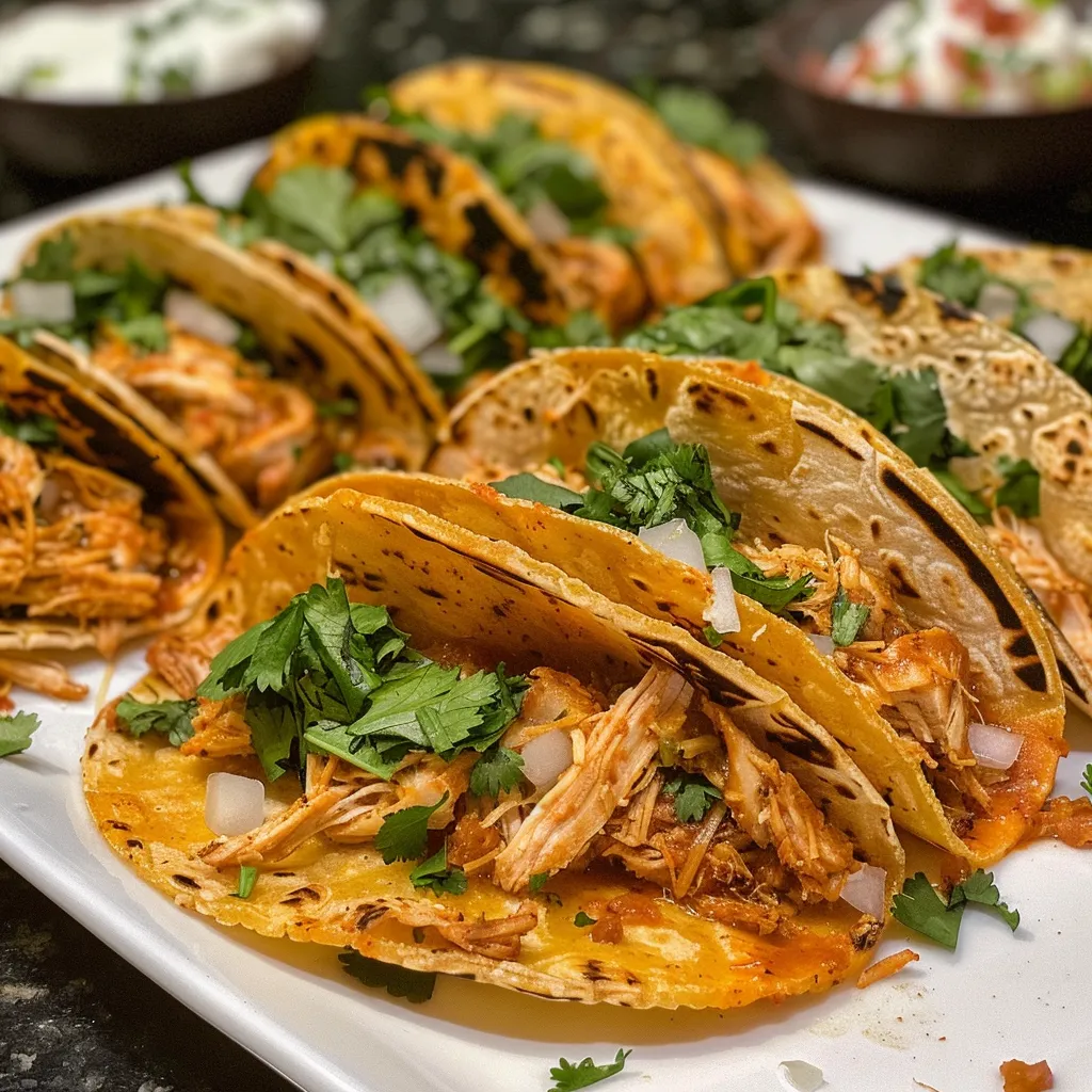 Mini tacos filled with shredded chicken and cheese, garnished with fresh cilantro.