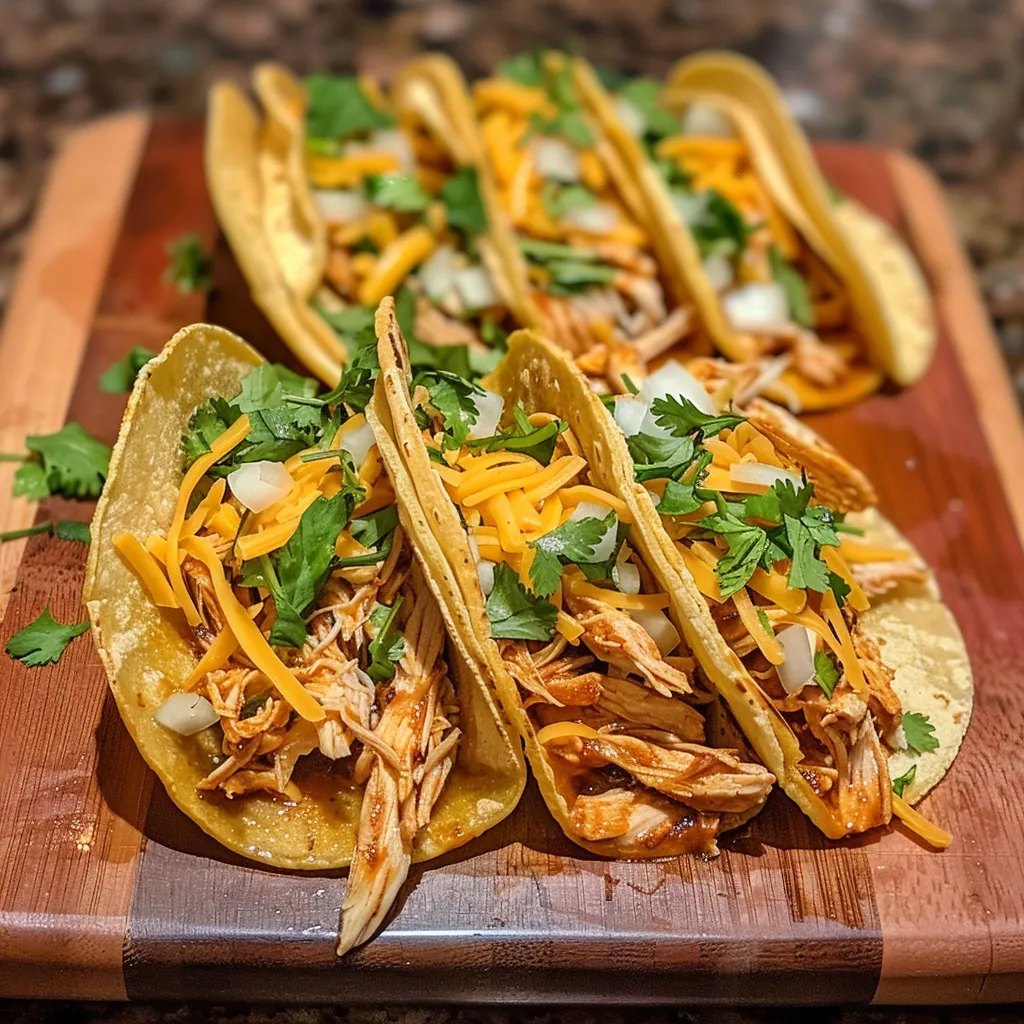Tacos mini de pollo horneados, con pollo desmenuzado y queso derretido.