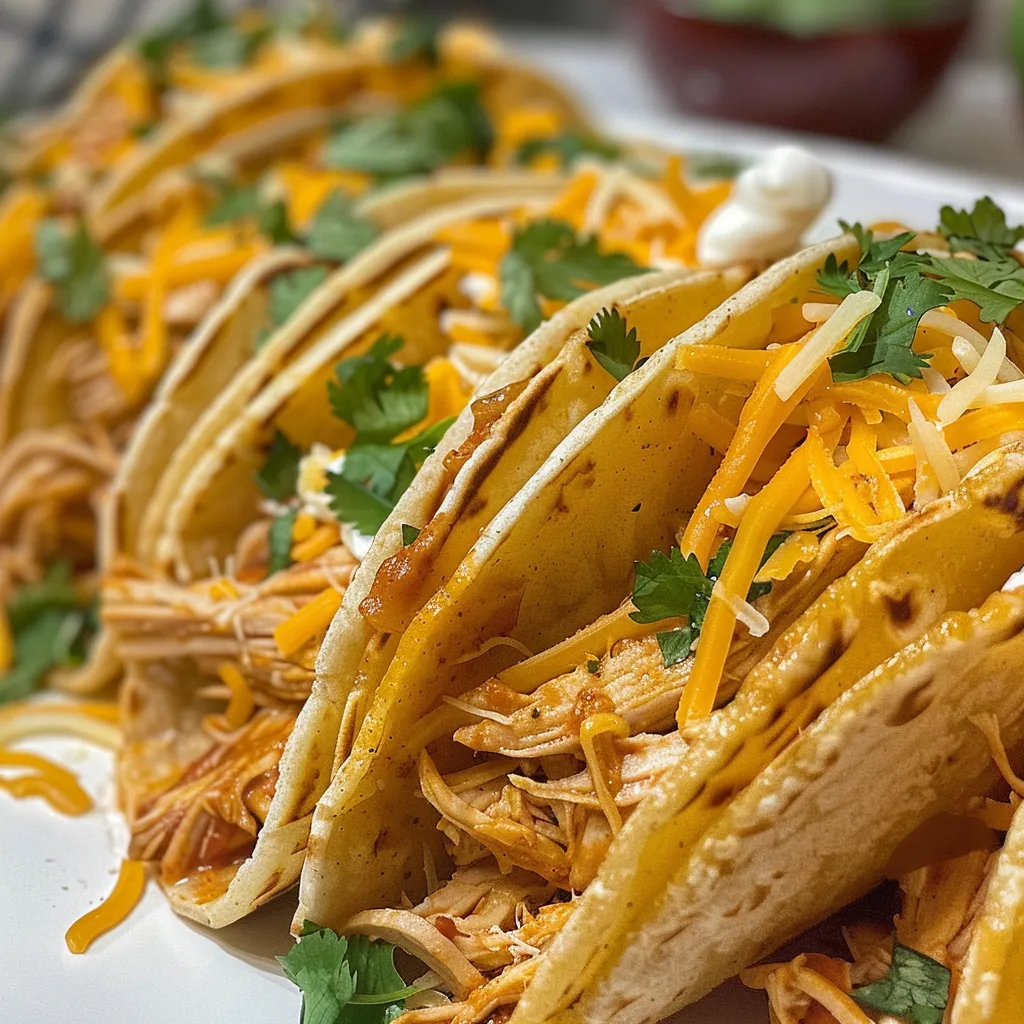 Primer plano de tacos de pollo pequeños, con ingredientes frescos visibles.