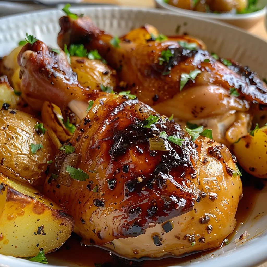 Muslos de pollo al horno dorados con patatas cocidas y cebollas.