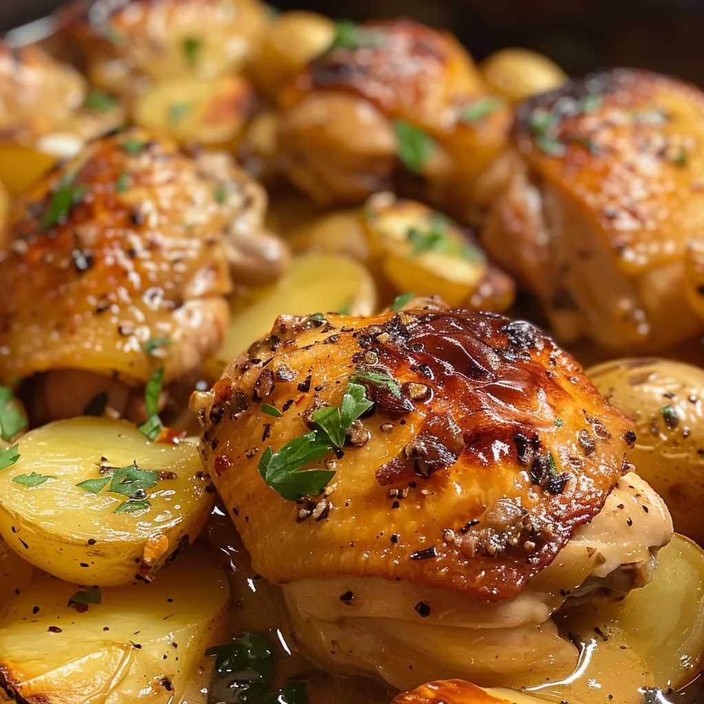 Plato de muslos de pollo jugosos rodeados de patatas y cebollas.