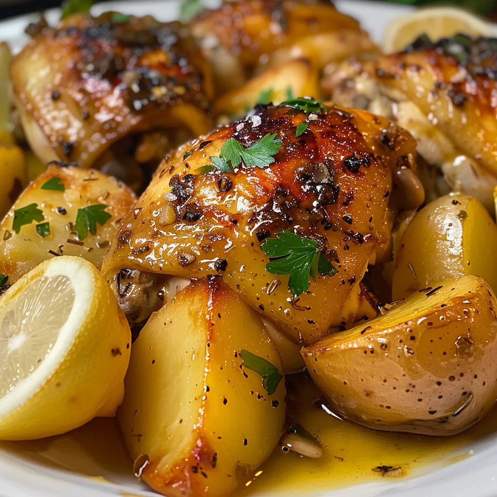 Muslos de pollo al limón dorados con papas en una fuente.