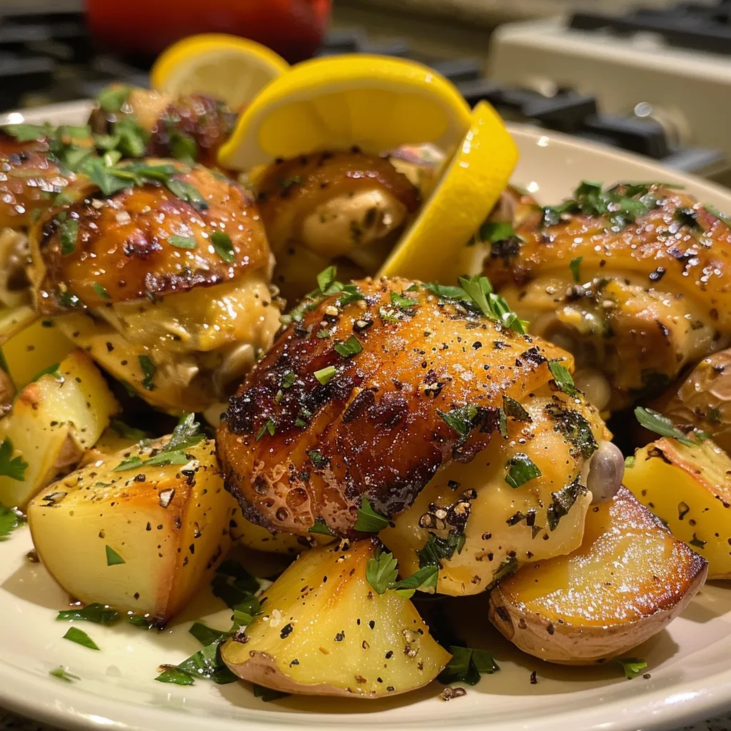 Primer plano de muslos de pollo con rodajas de limón y ajo.