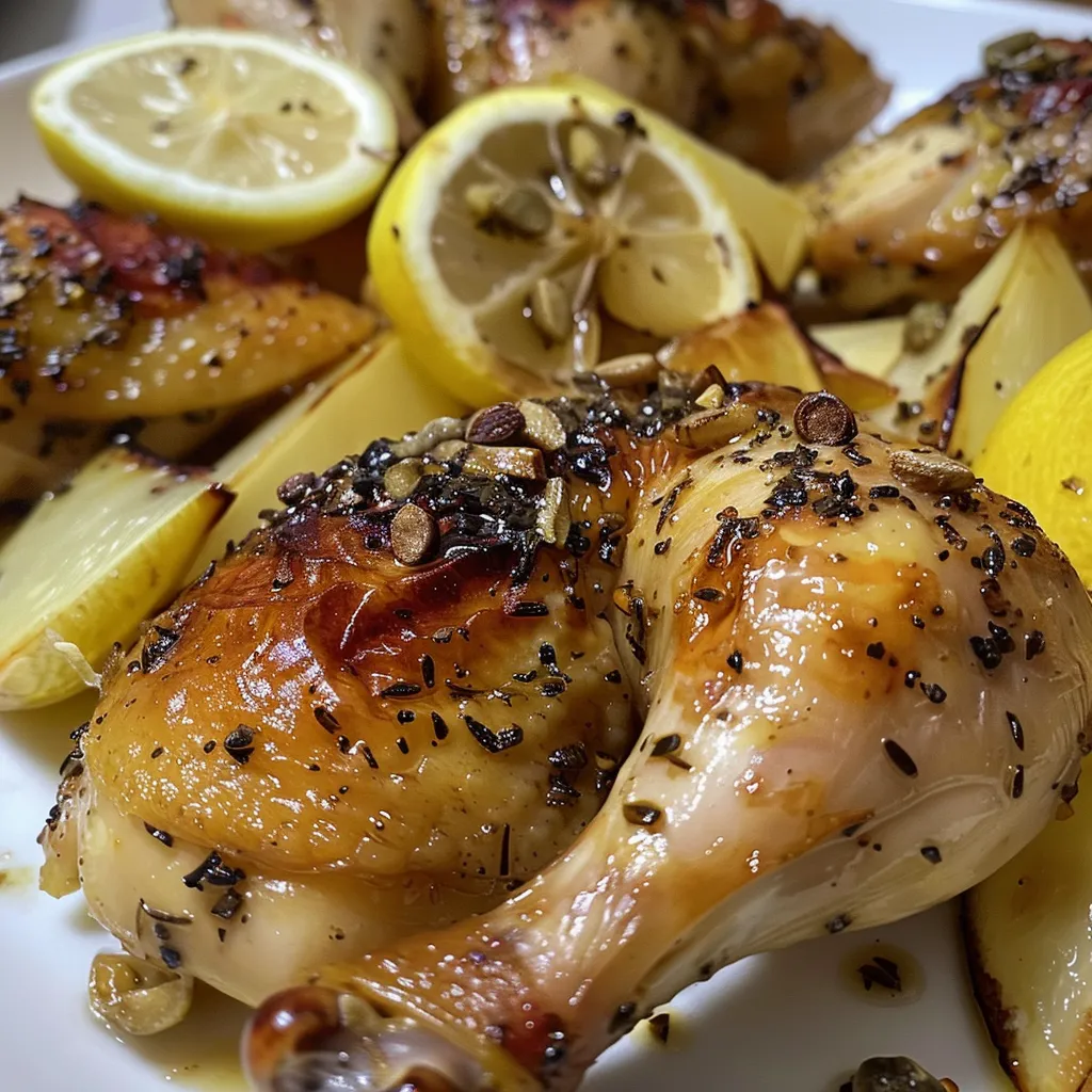 Muslos de pollo asados dorados con rodajas de limón y ajo al lado.