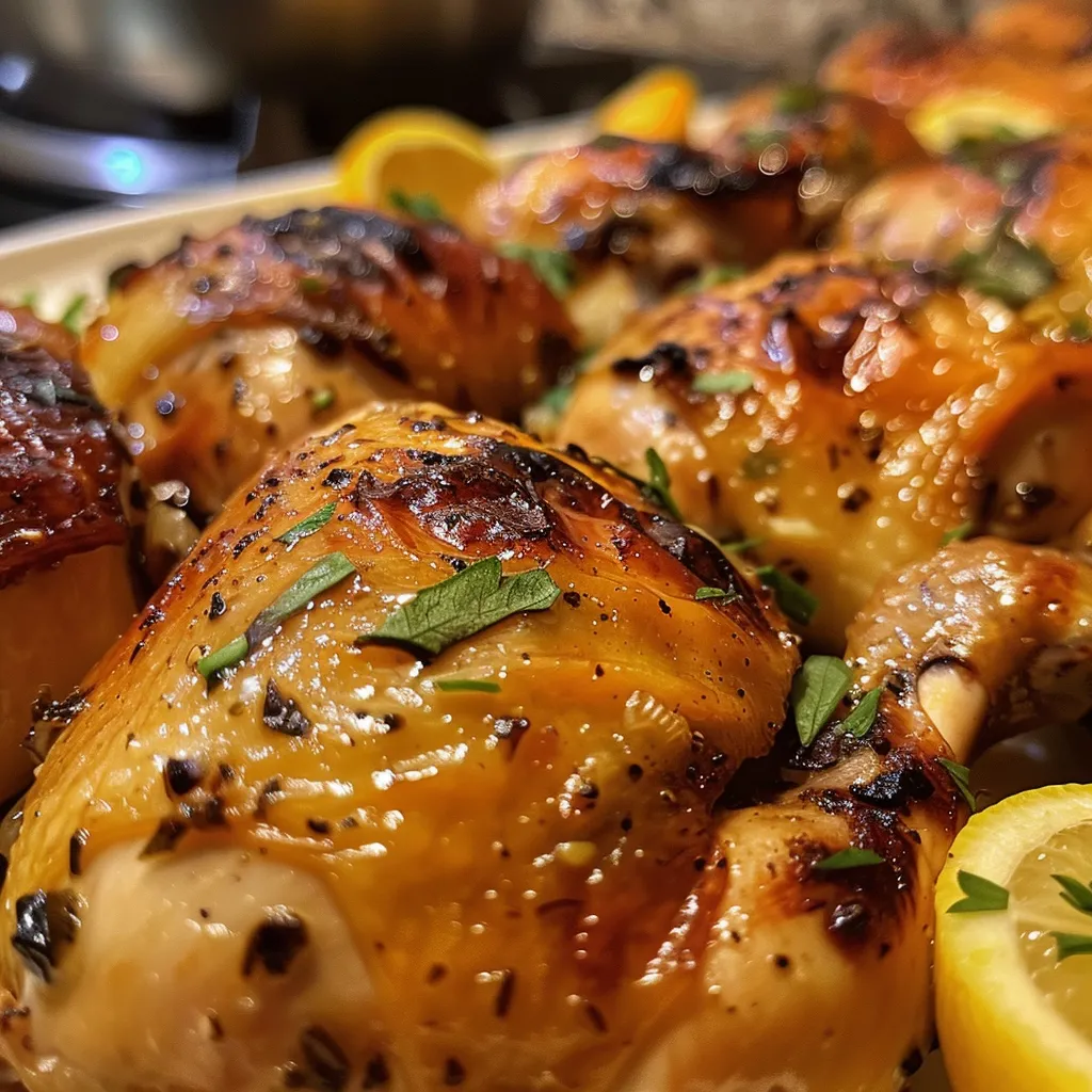 Tazón de muslos de pollo asados con hierbas y limón, vistos desde un lado.
