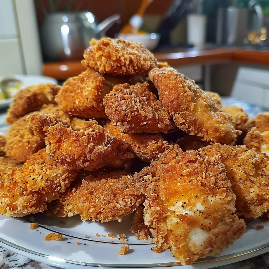 Nuggets de pollo caseros dorados en un plato, con salsa al lado.