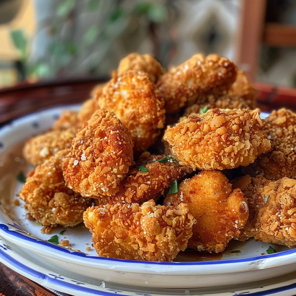 Primer plano de jugosos nuggets de pollo con una textura dorada.