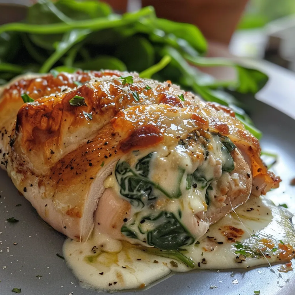 Pechuga de pollo rellena con espinacas y queso, vista lateral.