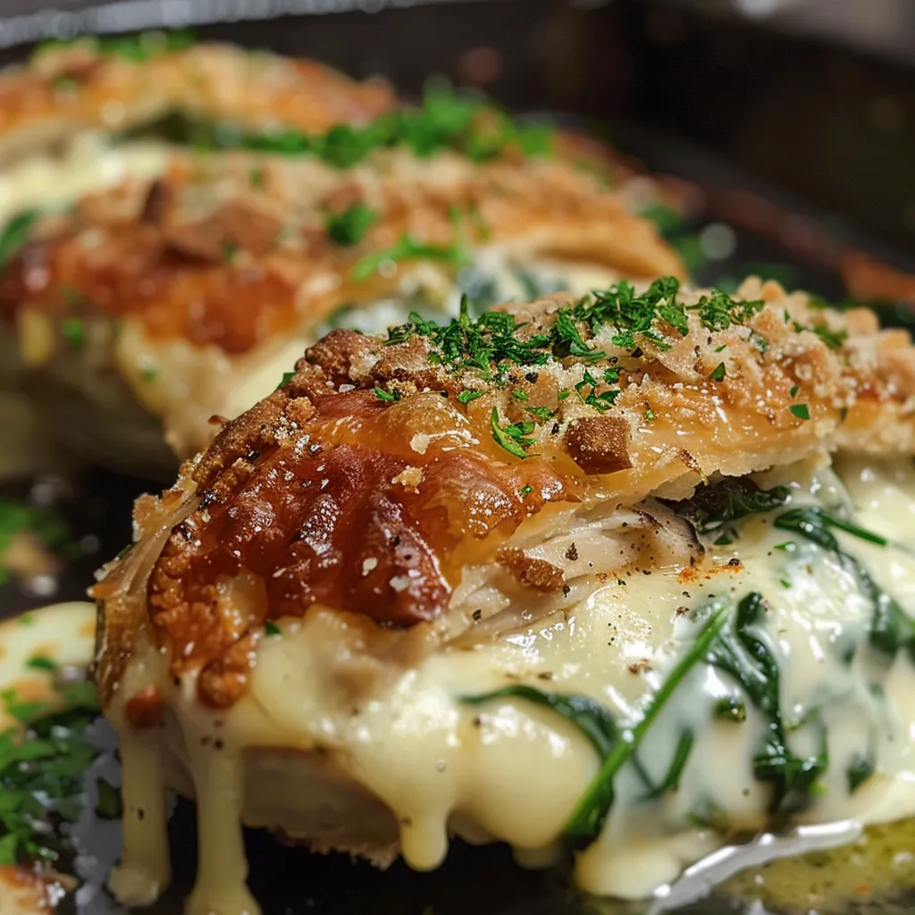 Close up de pechuga de pollo con relleno de espinacas y queso.