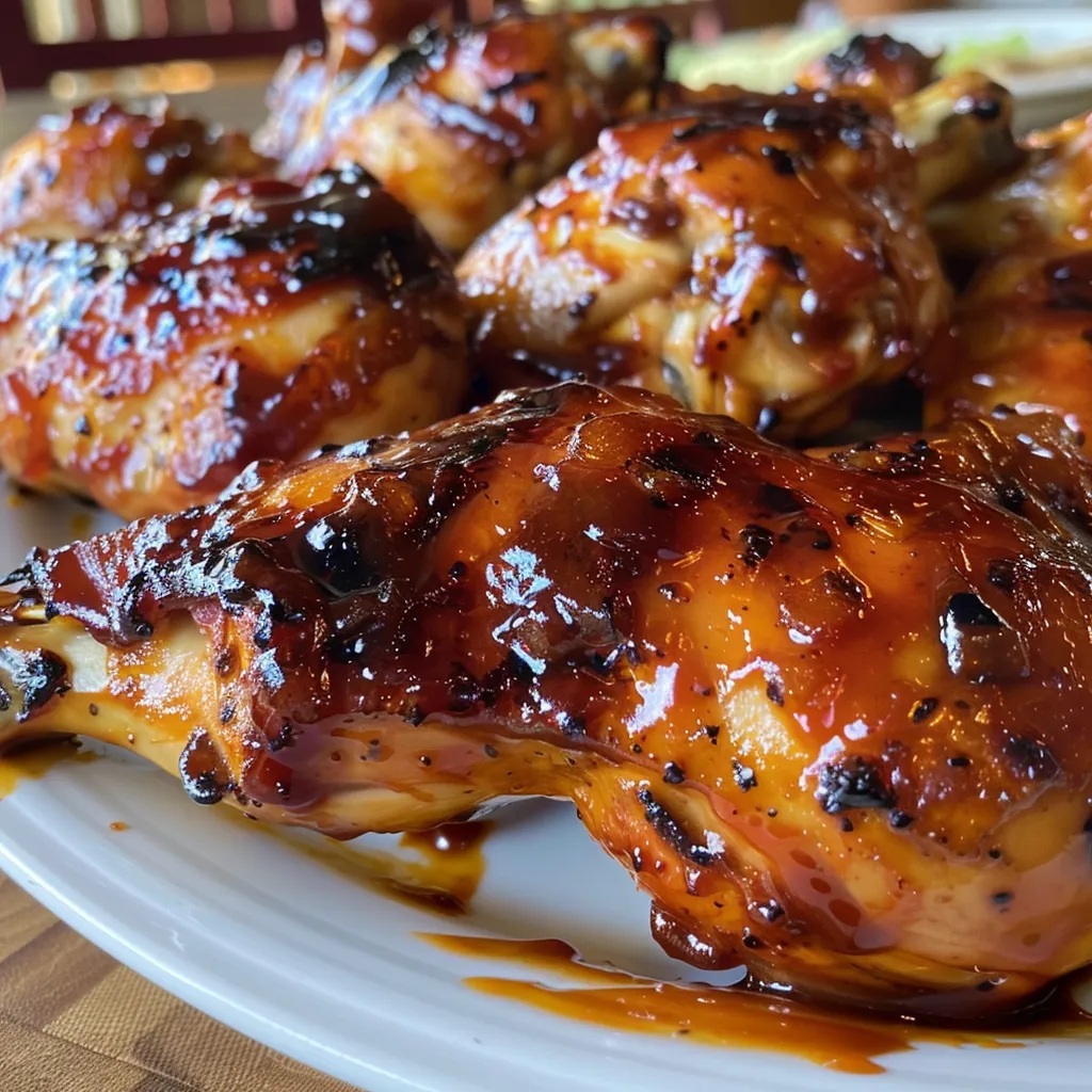 Pechugas de pollo a la BBQ jugosas en un plato, vistas desde un lado.