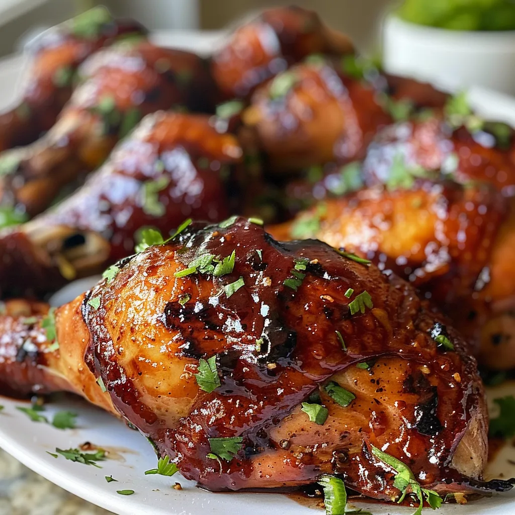 Primer plano de pechugas de pollo a la BBQ, mostrando su dorado brillo.