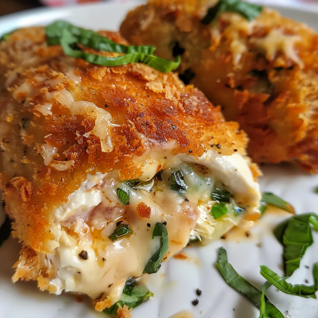 Pechugas de pollo rellenas de jamón y queso, bien doradas y jugosas.