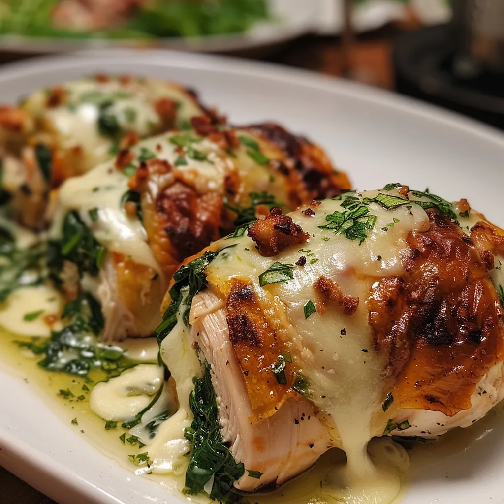 Pechugas rellenas de espinacas y queso con un dorado apetitoso.