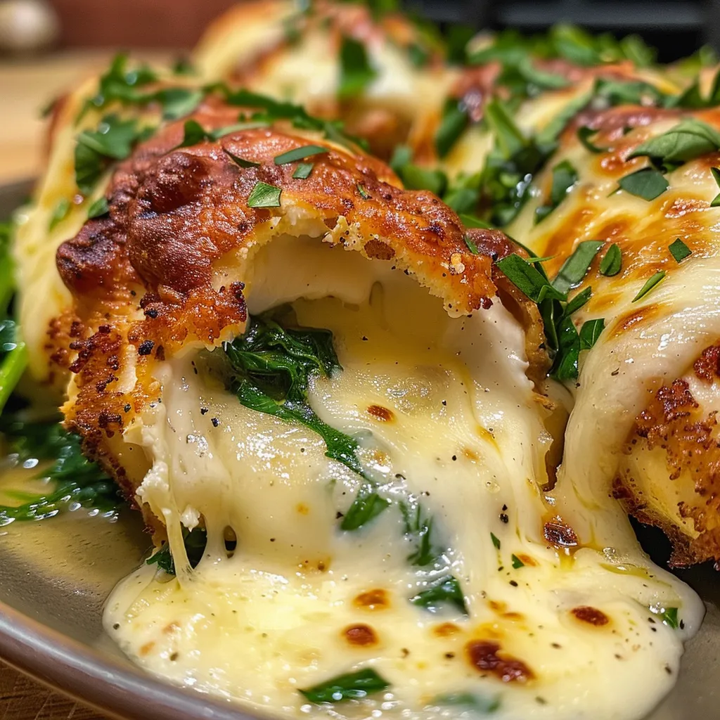 Primer plano de Pechugas Rellenas, cortadas para mostrar el relleno verde y cremoso.