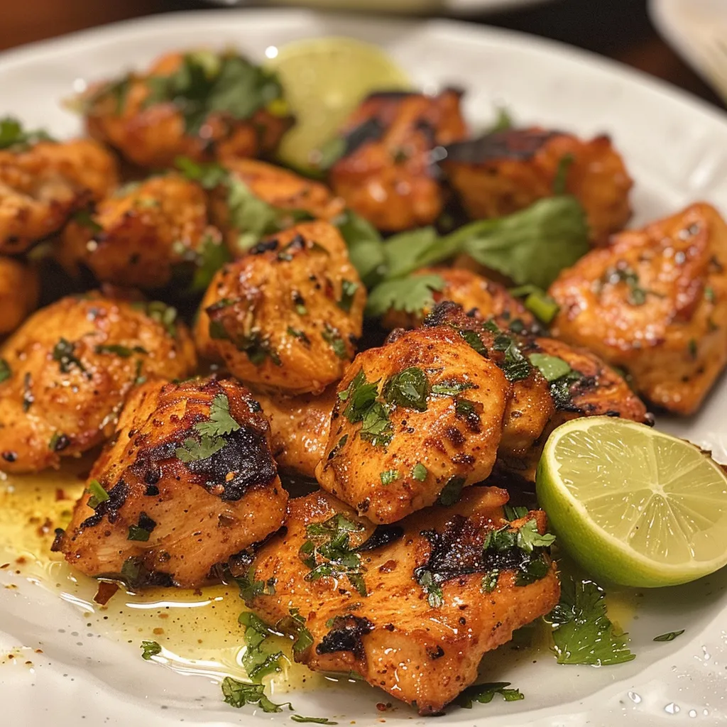 Pinchitos de pollo marinado con salsa de yogur y limón, en un plato blanco.
