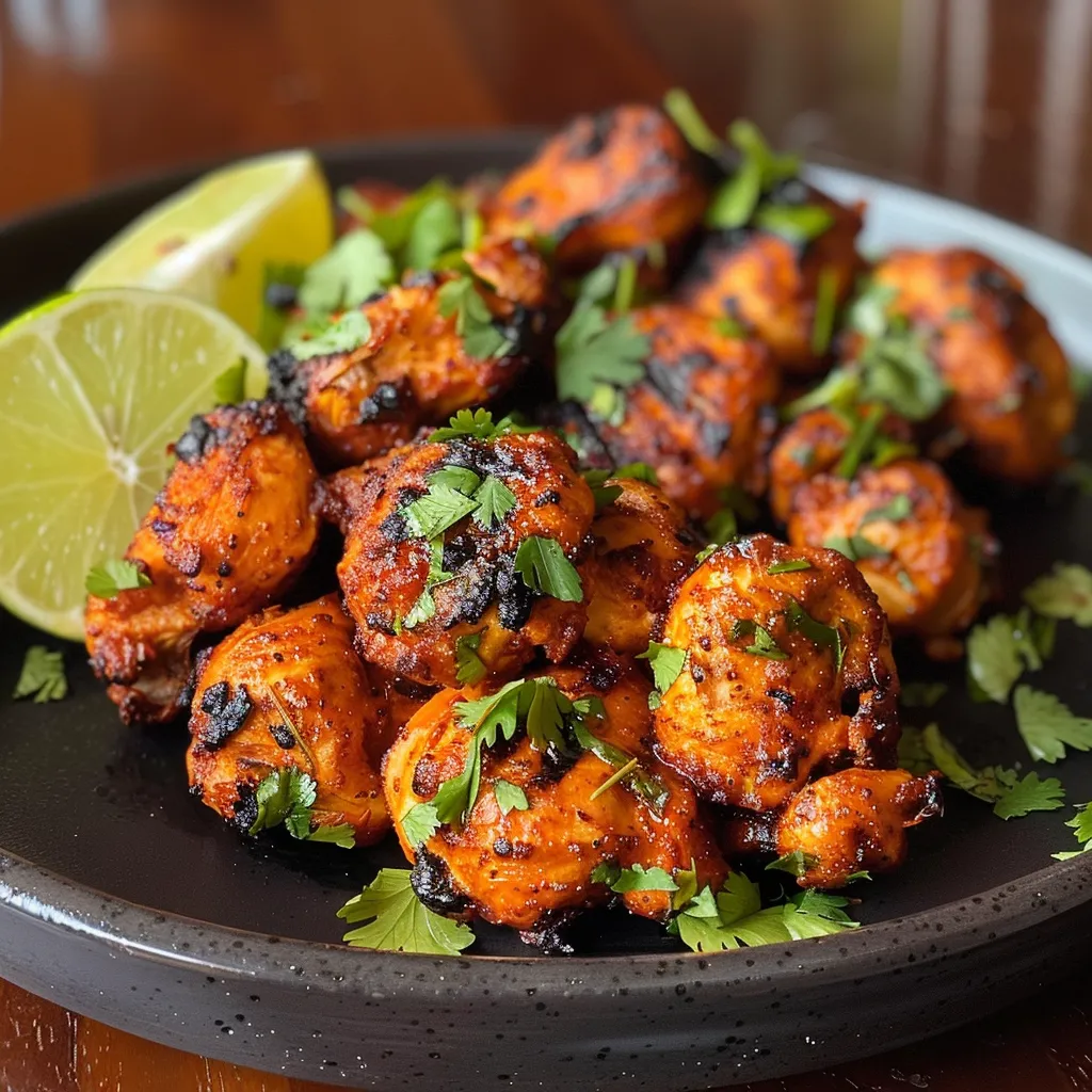 Close-up de pinchos de pollo jugosos con una guarnición de salsa de yogur y limón.