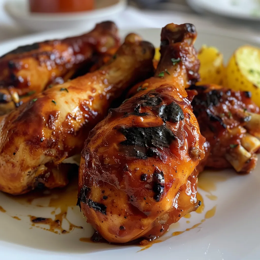 Muslos de pollo con salsa BBQ y rodajas de patata.