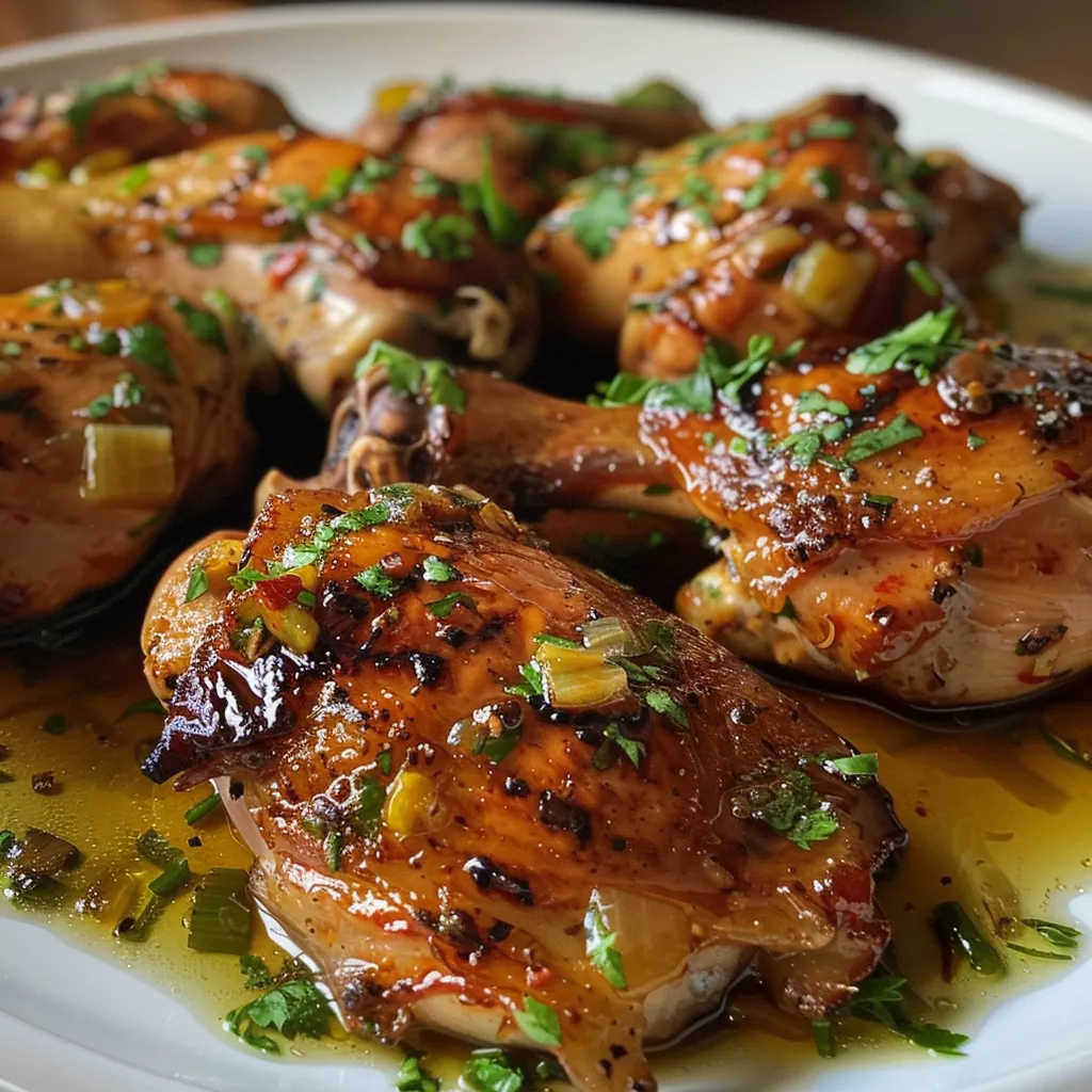 Side view of a plate of Pollo a la Cerveza with visible spices and garnishes.