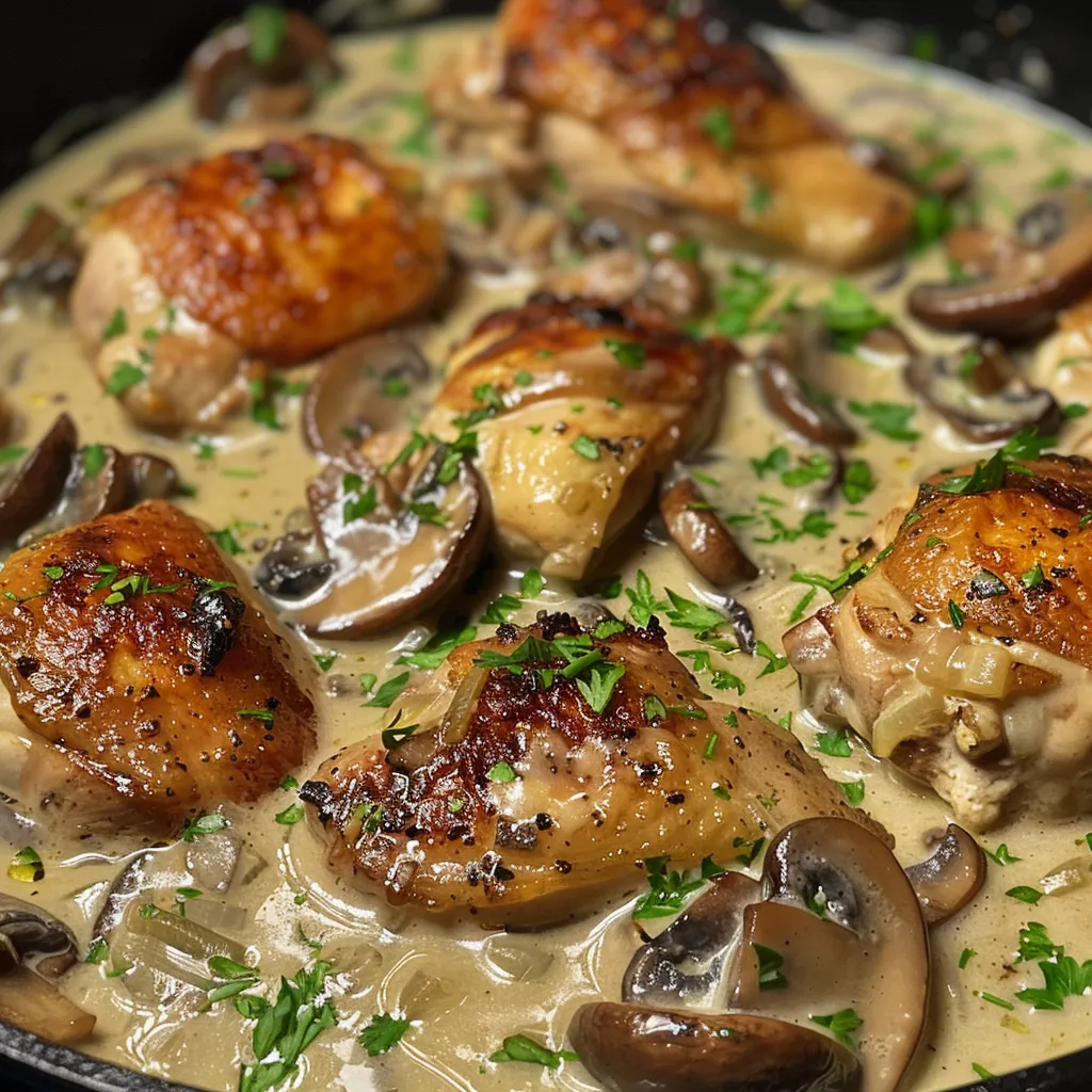 Primer plano de Pollo a la crema con champiñones en un plato.