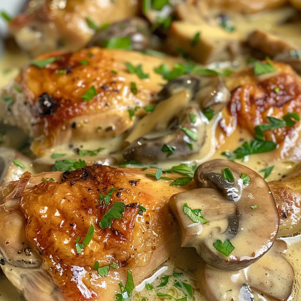 Vista lateral de Pollo a la crema con champiñones, resaltando su jugosidad.