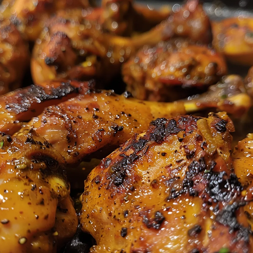 Plato de pollo con mostaza y miel, acompañado de papas doradas.