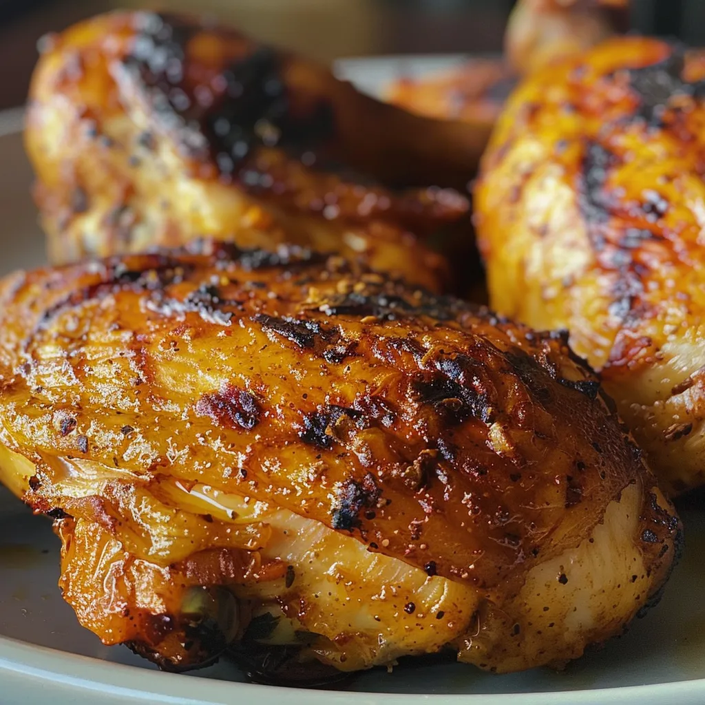 Primer plano de Pollo a la Mostaza, jugoso y dorado, en un plato.