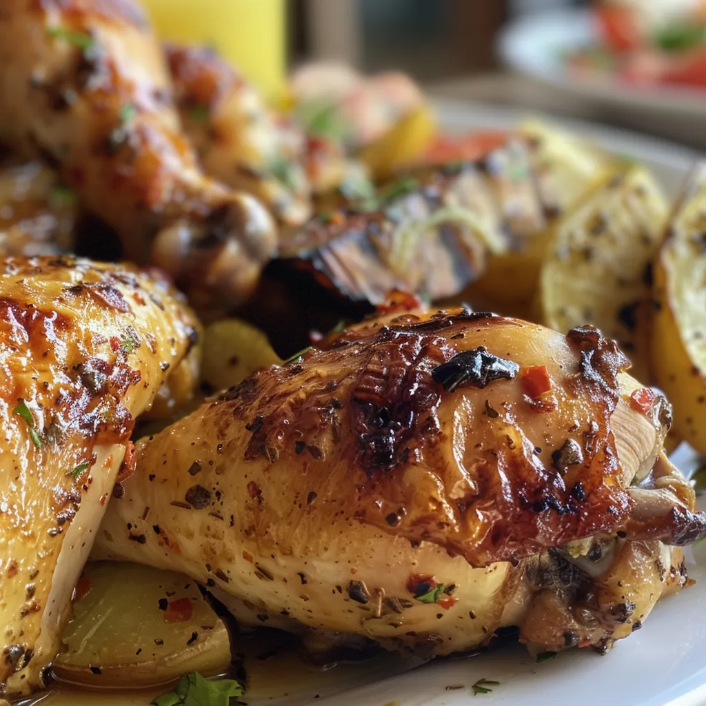 Vista lateral de Pollo a la Mostaza con salsa dorada y perejil decorativo.