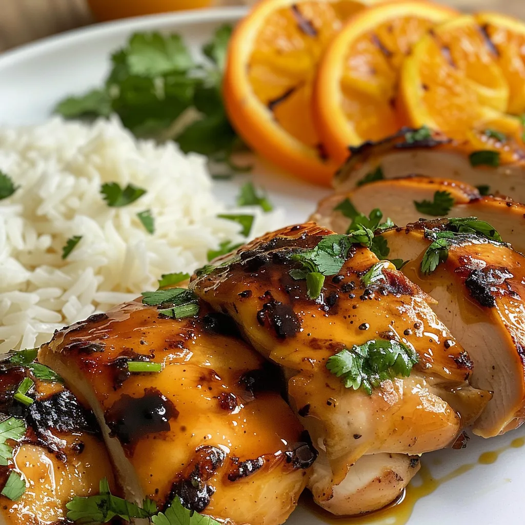 Primer plano de pollo a la naranja saludable con salsa brillante y arroz al vapor.