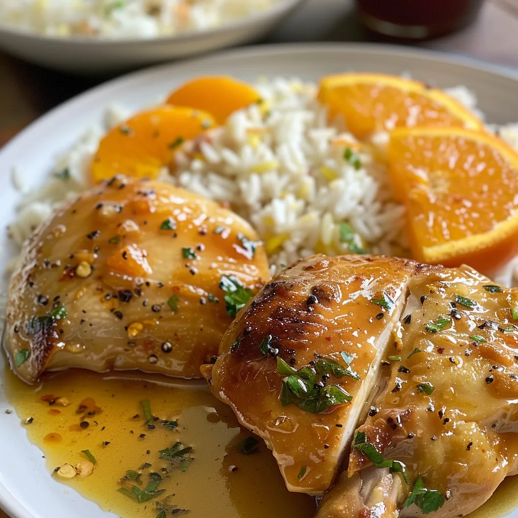 Trozos de pollo cocinados en salsa de naranja, servidos con cilantro y ajonjolí.