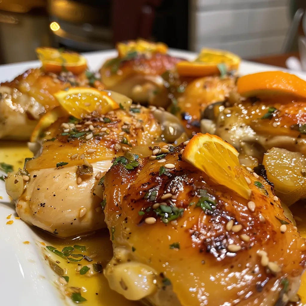 Pollo a la naranja jugoso con salsa brillante y rodajas de naranja en un plato.