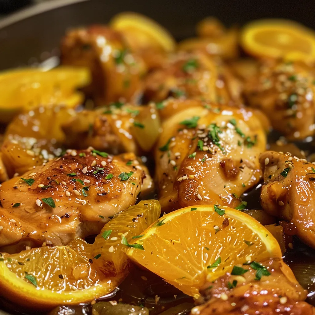 Muslos de pollo jugosos bañados en salsa de naranja, en un plato blanco.
