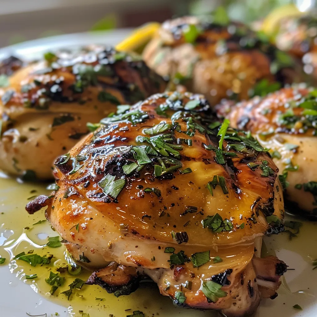 Primer plano de pollo marinado con hierbas frescas.