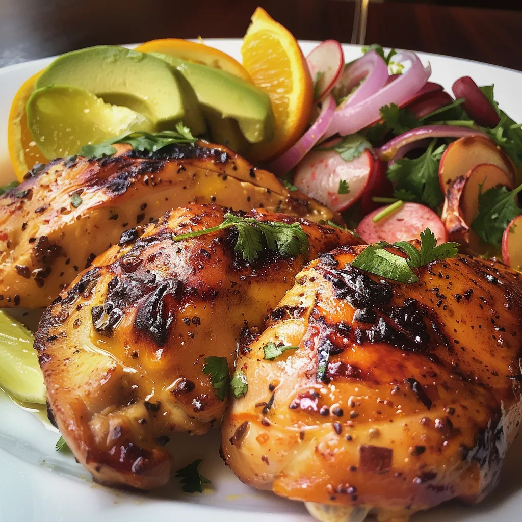 Pechugas de pollo jugosas servidas con rodajas de aguacate y otros vegetales frescos.